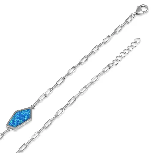 Sterling Silver Lab Opal Hexagon Paperclip Adjustable Bracelet