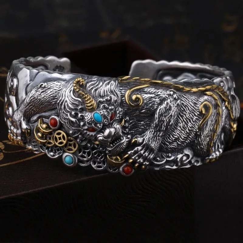 Sterling Silver Men's Wide Classic Fashion Domineering Pixiu Bracelet
