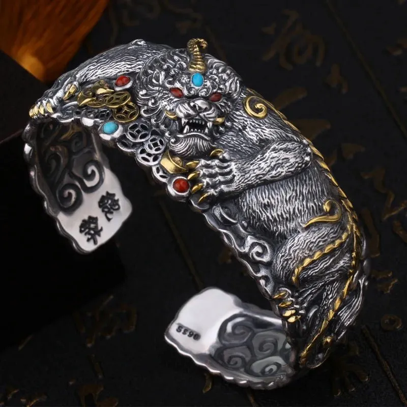 Sterling Silver Men's Wide Classic Fashion Domineering Pixiu Bracelet