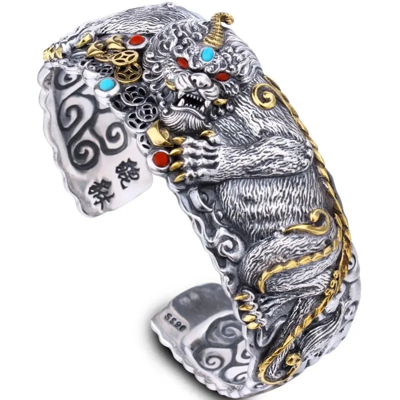 Sterling Silver Men's Wide Classic Fashion Domineering Pixiu Bracelet