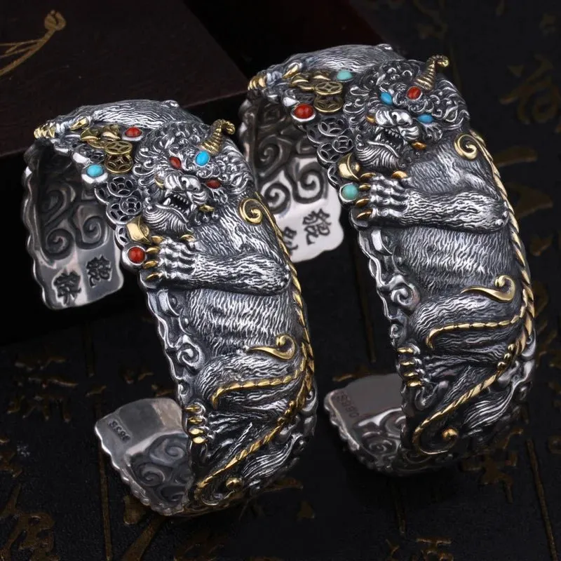 Sterling Silver Men's Wide Classic Fashion Domineering Pixiu Bracelet