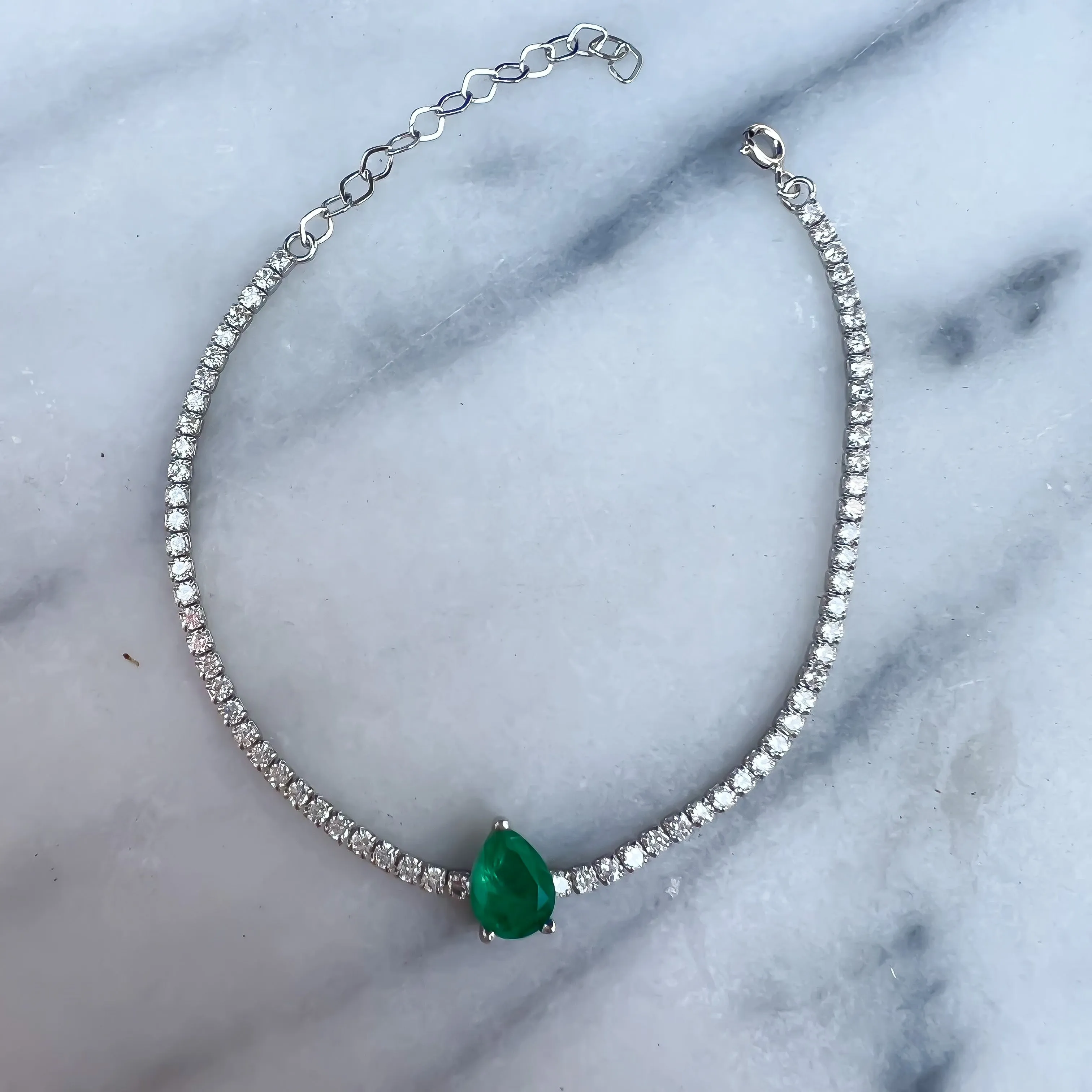 Sterling silver single pear emerald stone bracelet