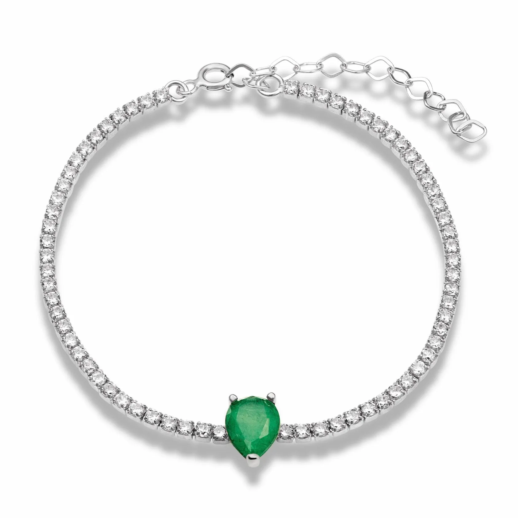 Sterling silver single pear emerald stone bracelet
