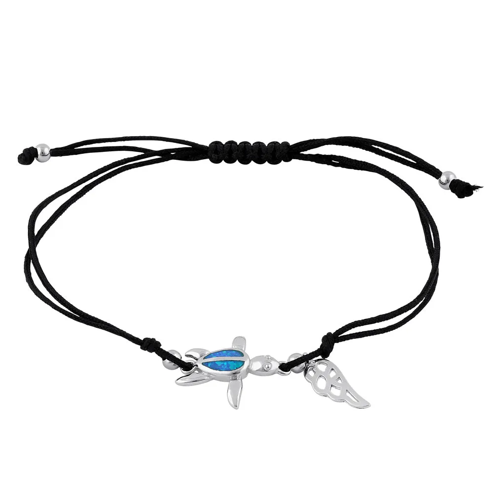 Sterling Silver Winged Blue Lab Opal Sea Turtle Adjustable Silk Bracelet