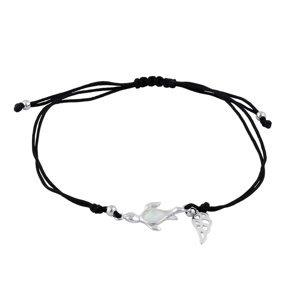 Sterling Silver Winged White Lab Opal Flatback Sea Turtle Adjustable Silk Bracelet