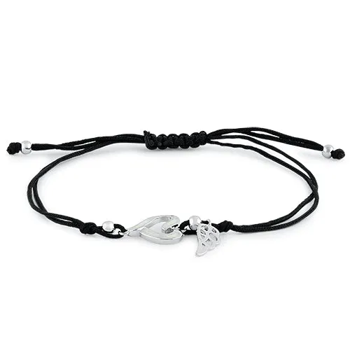 Sterling Silver Winged  White Lab Opal Open Heart Adjustable Silk Bracelet