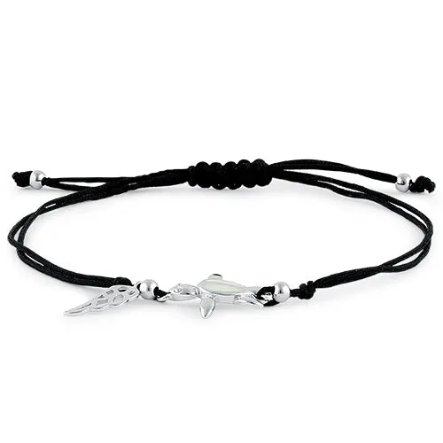 Sterling Silver Winged White Lab Opal Sea Turtle Adjustable Silk Bracelet