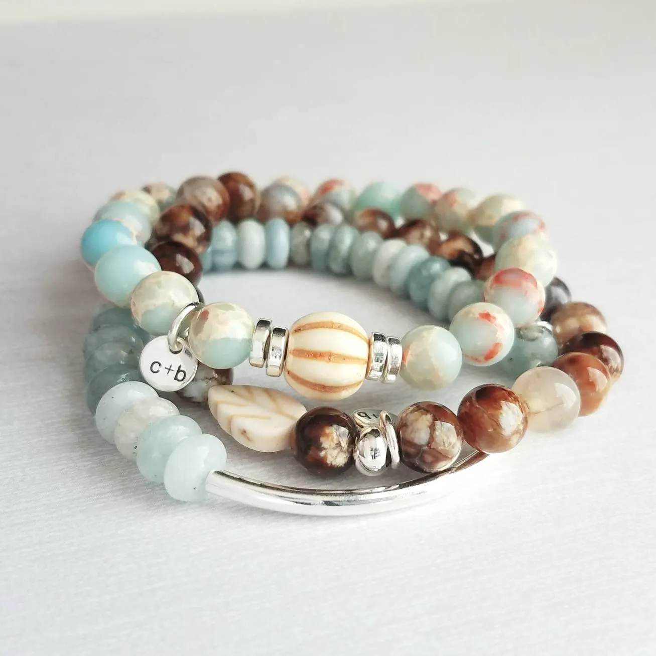 Stone Bracelet Set, silver stacking bracelets, blue Amazonite, gemstone bracelet, aqua terra jasper, African opal beads, crackle fire agate