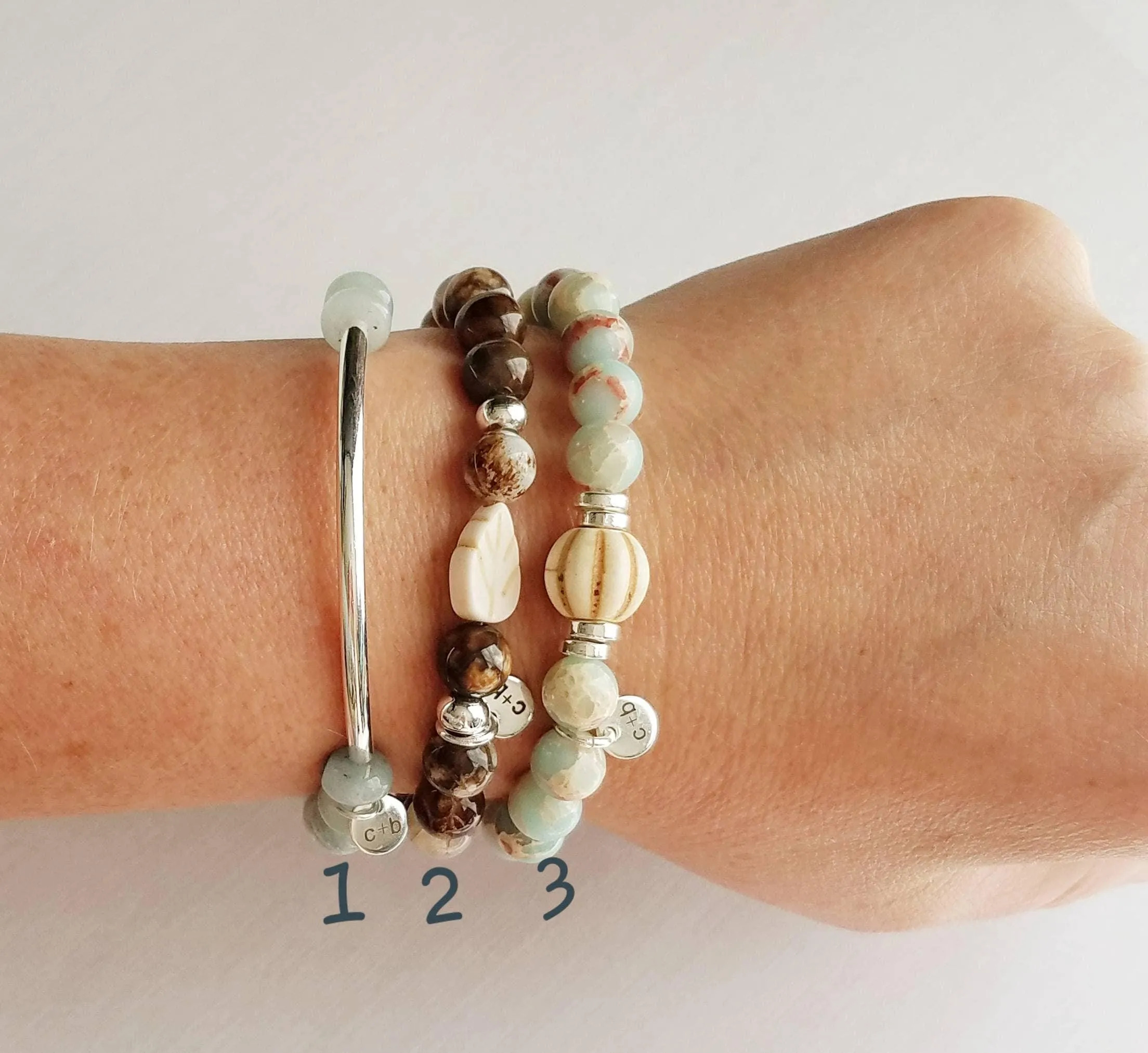 Stone Bracelet Set, silver stacking bracelets, blue Amazonite, gemstone bracelet, aqua terra jasper, African opal beads, crackle fire agate