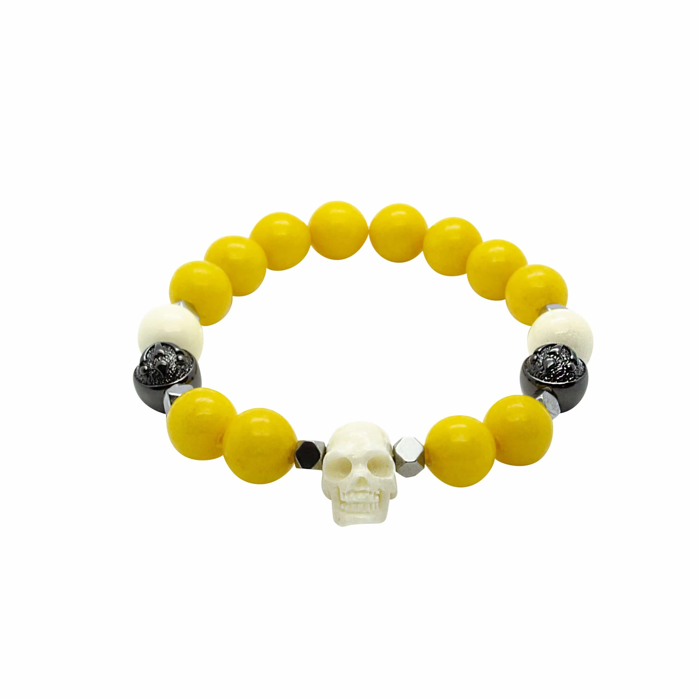 Sunny Yellow Jade Wristband with Horn Skull and Ox Bone in Rhodium | 10MM