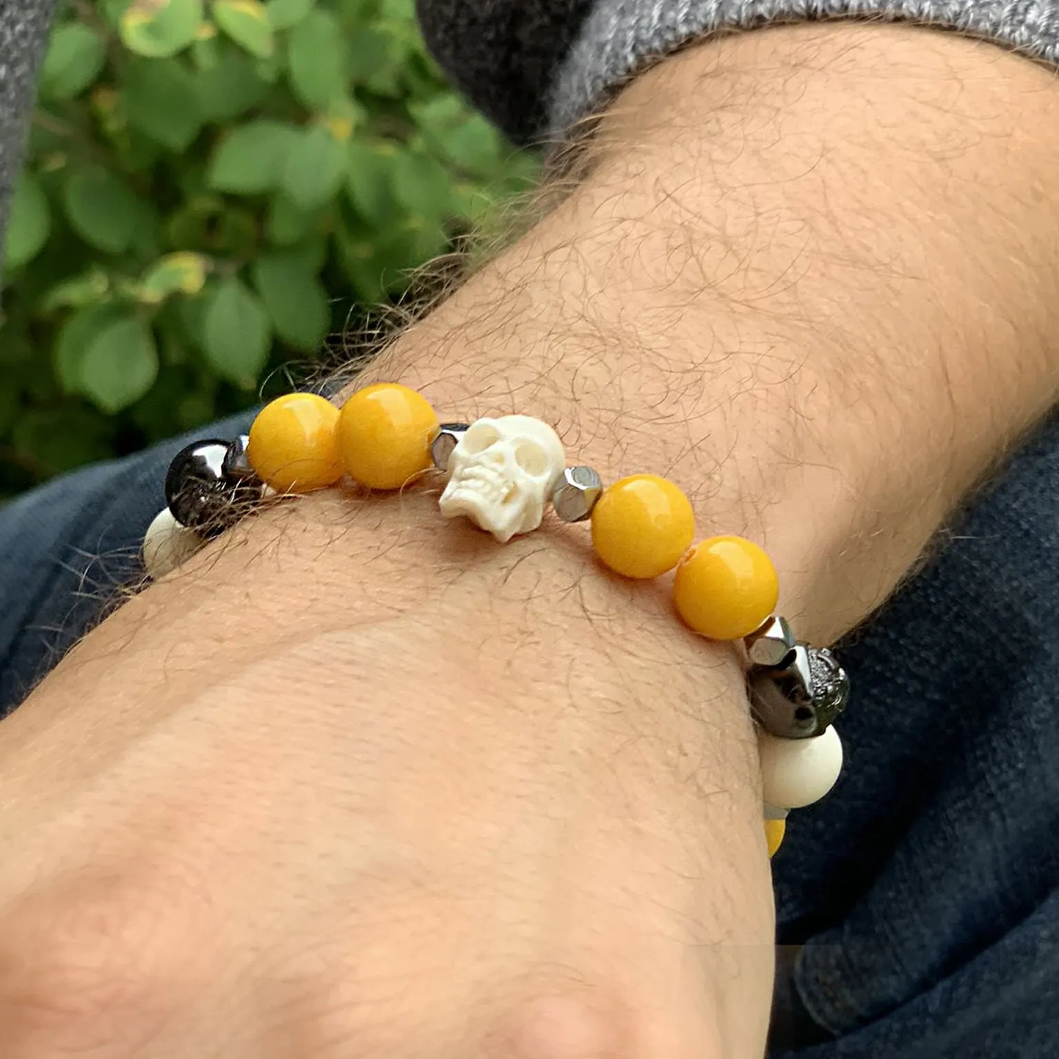 Sunny Yellow Jade Wristband with Horn Skull and Ox Bone in Rhodium | 10MM