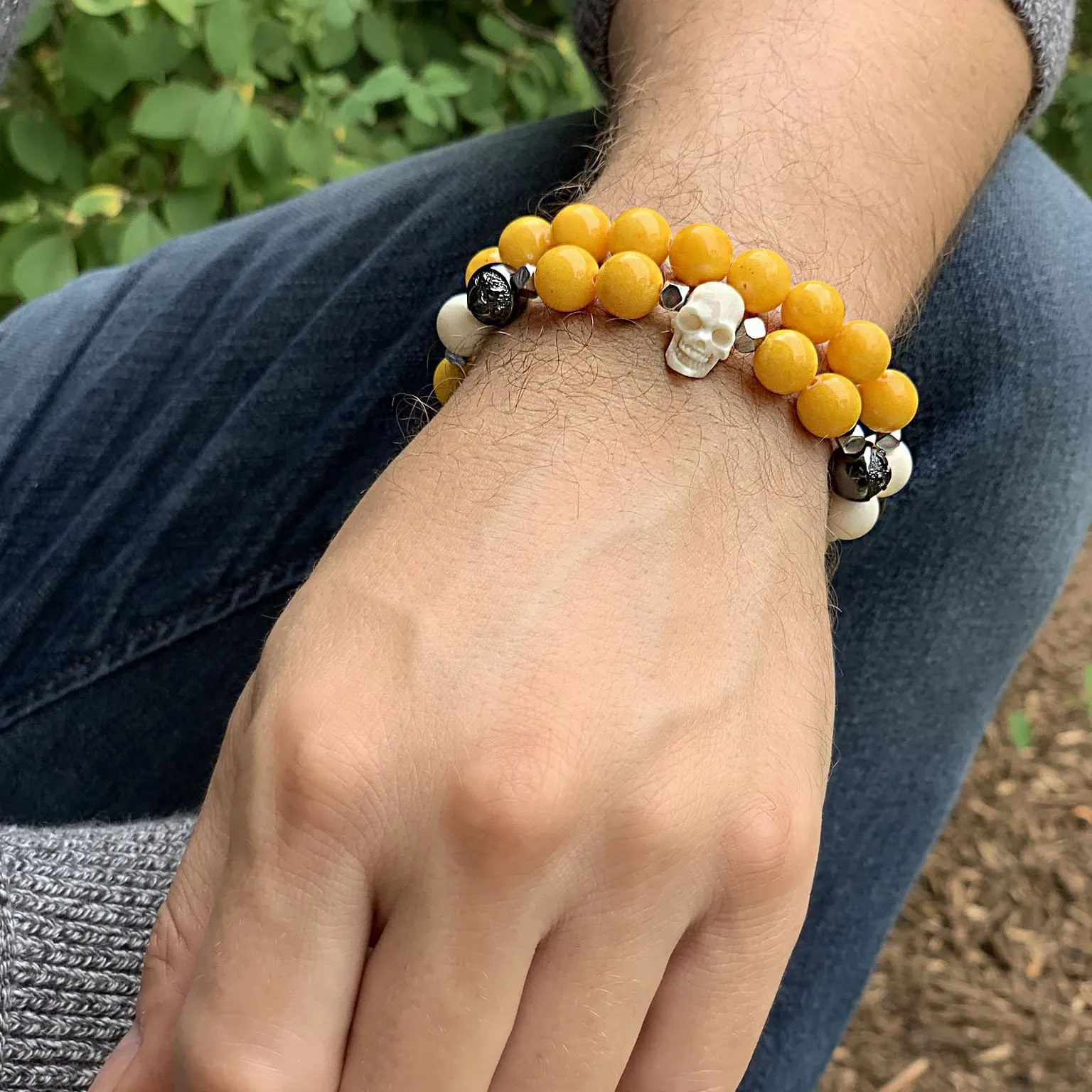 Sunny Yellow Jade Wristband with Horn Skull and Ox Bone in Rhodium | 10MM