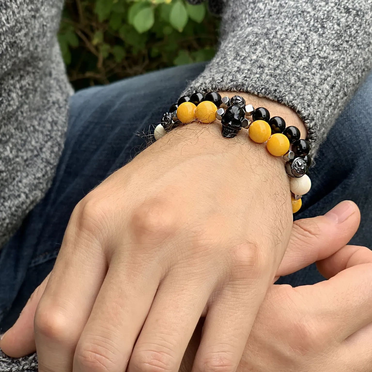 Sunny Yellow Jade Wristband with Horn Skull and Ox Bone in Rhodium | 10MM