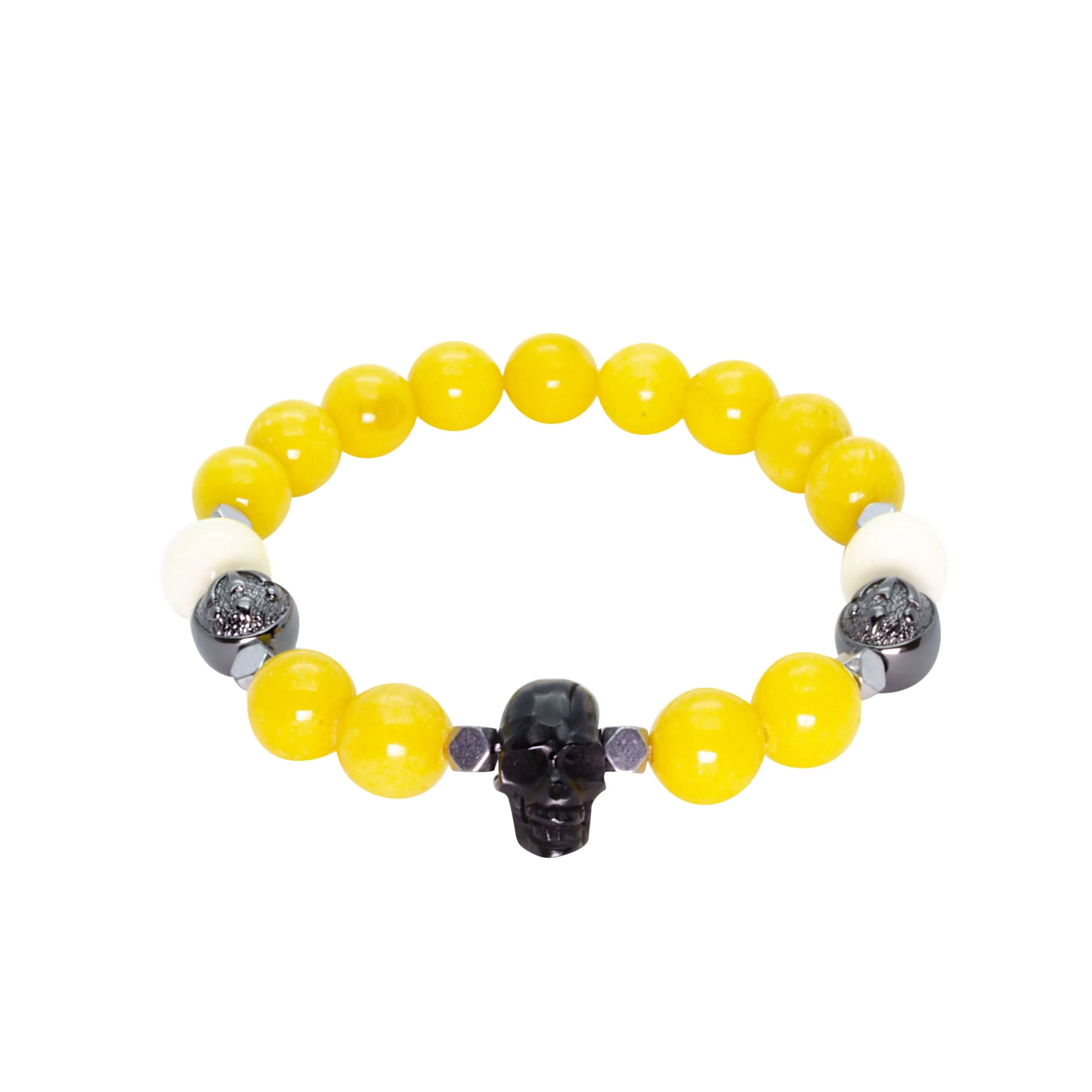 Sunny Yellow Jade Wristband with Horn Skull and Ox Bone in Rhodium | 10MM