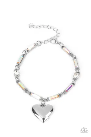 Sweetheart Secrets - Multi - Emerald Cut Iridescent Rhinestone Heart Charm Paparazzi Lobster Claw Bracelet