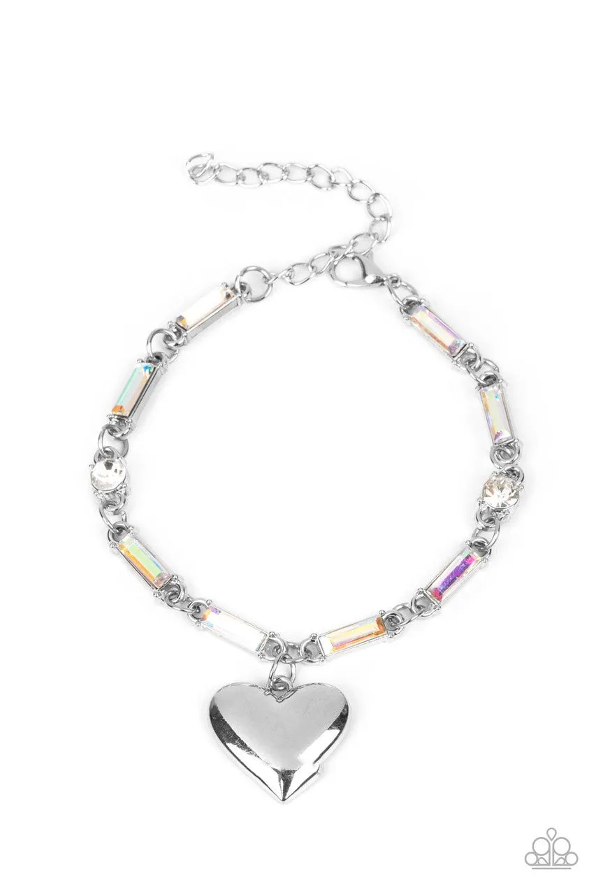 Sweetheart Secrets - Multi - Emerald Cut Iridescent Rhinestone Heart Charm Paparazzi Lobster Claw Bracelet