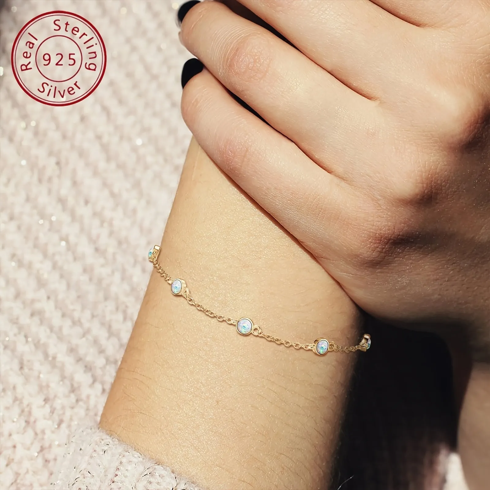 Syn Opal Bead 925 Silver Bracelet 3mm Round Bead Vacation Style