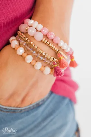 Tassels & Beads Bracelet Set- Pink & Gold