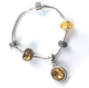 Teenager's 'November Birthstone' Topaz Colored Crystal Silver Plated Charm Bead Bracelet
