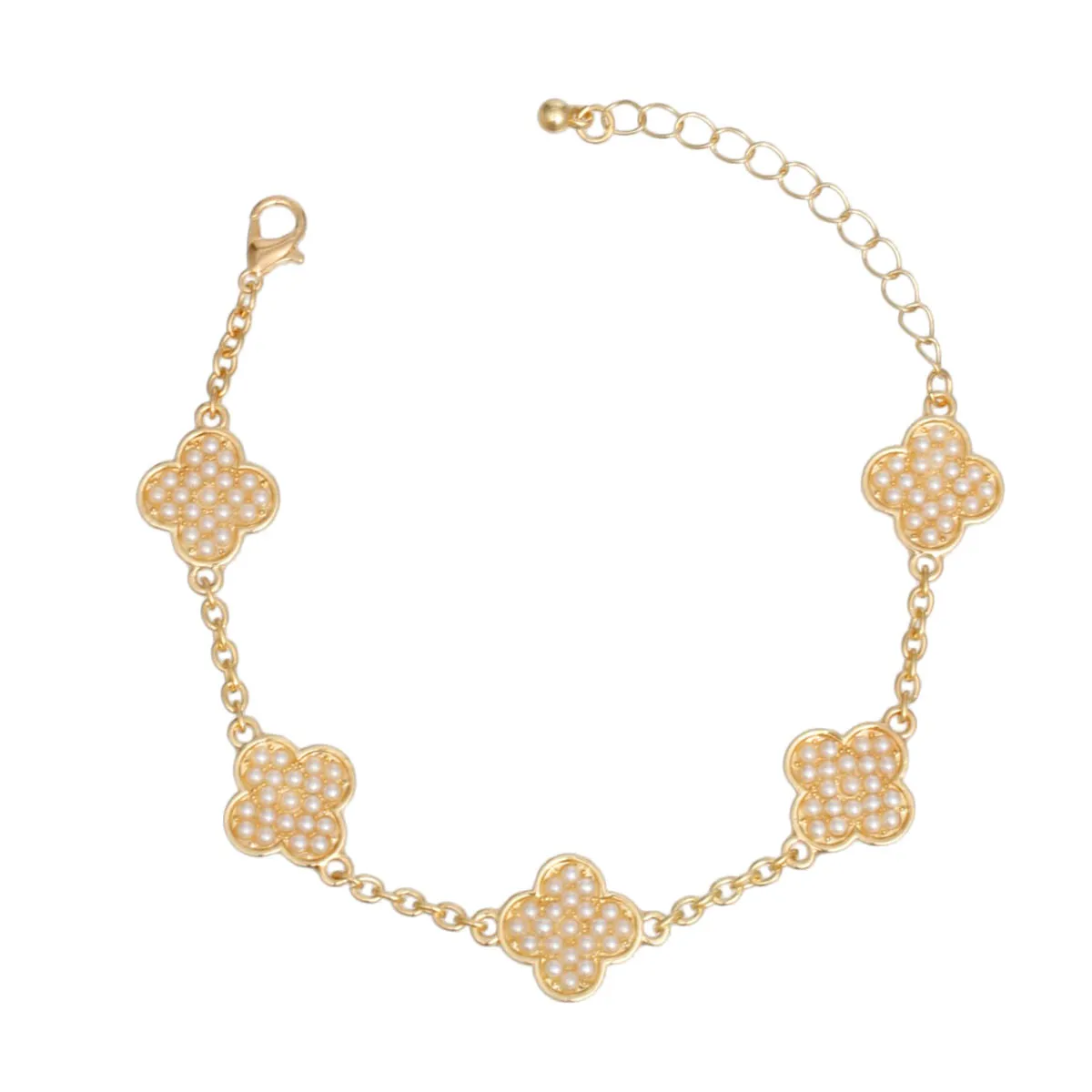 Timeless Grace: Pearl-Adorned Quatrefoil Chain Bracelet in Gold