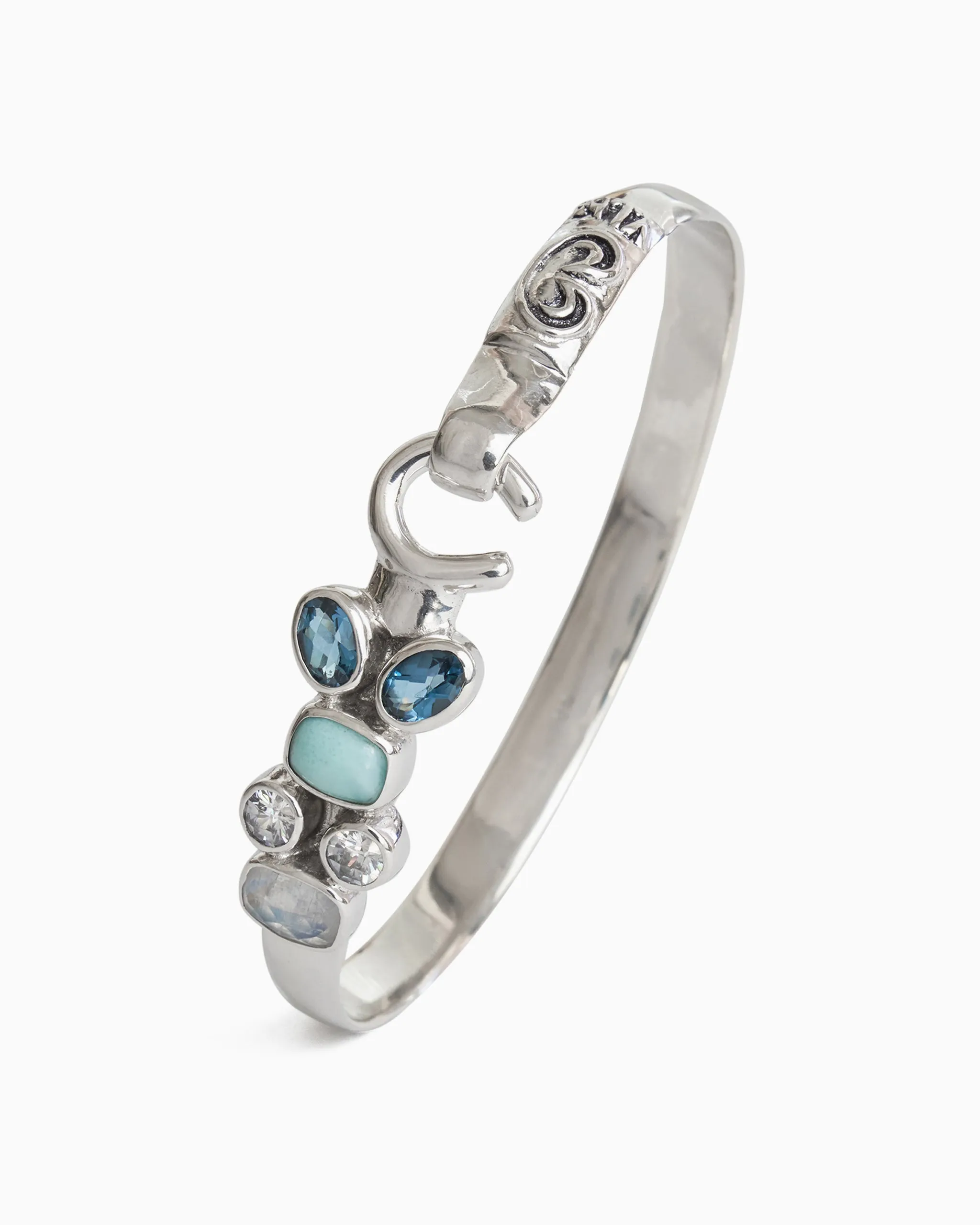 Treasure Hook Bracelet, 6mm - London Blue Topaz, Larimar, White Zircon, and Moonstone