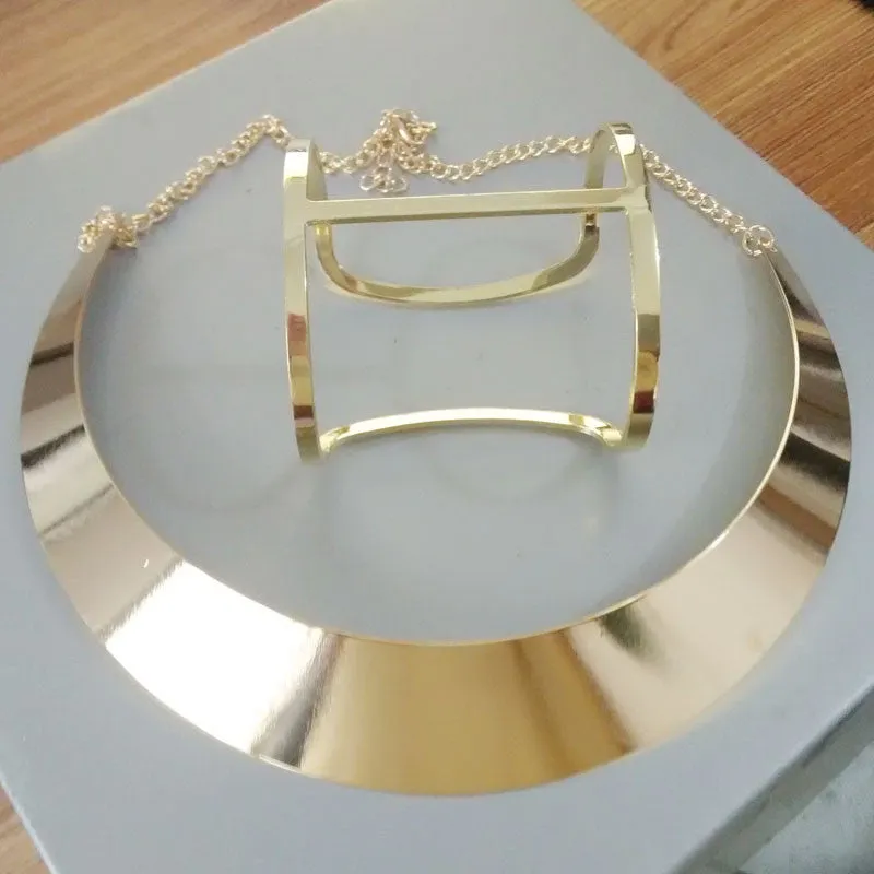 Trendy Gold Plated Torques Opened Cuff Bracelet Bangles Necklace Sets Women Party Statement Jewelry Set