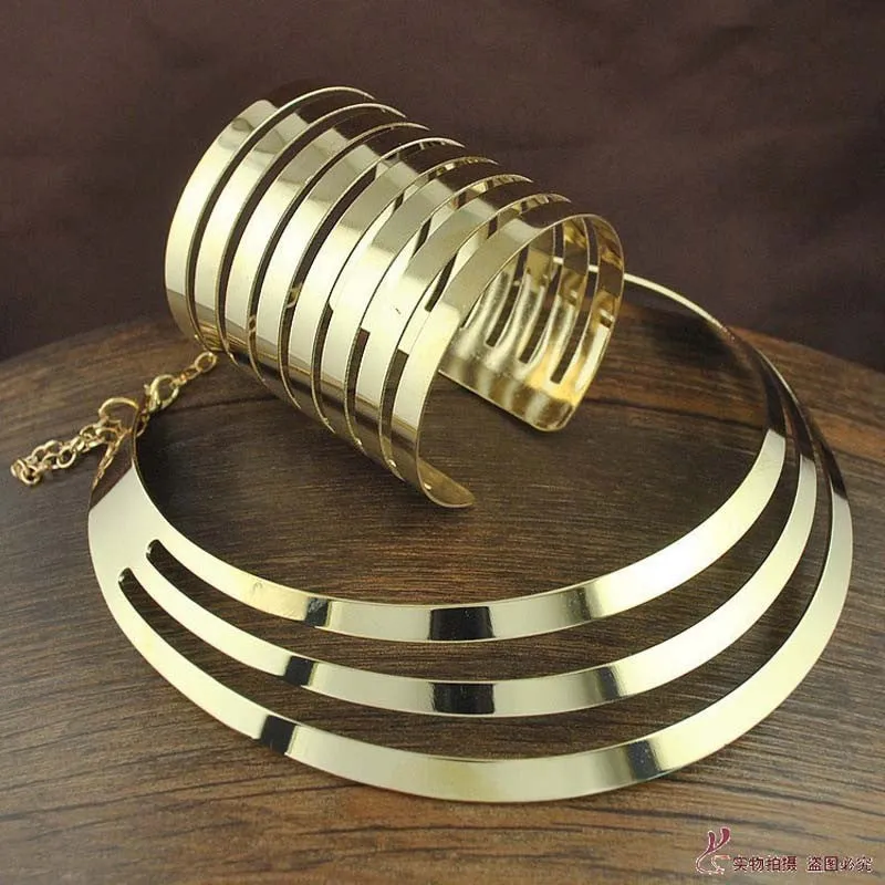 Trendy Gold Plated Torques Opened Cuff Bracelet Bangles Necklace Sets Women Party Statement Jewelry Set