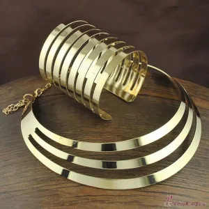 Trendy Gold Plated Torques Opened Cuff Bracelet Bangles Necklace Sets Women Party Statement Jewelry Set