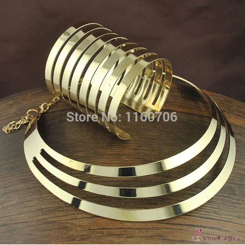 Trendy Gold Plated Torques Opened Cuff Bracelet Bangles Necklace Sets Women Party Statement Jewelry Set