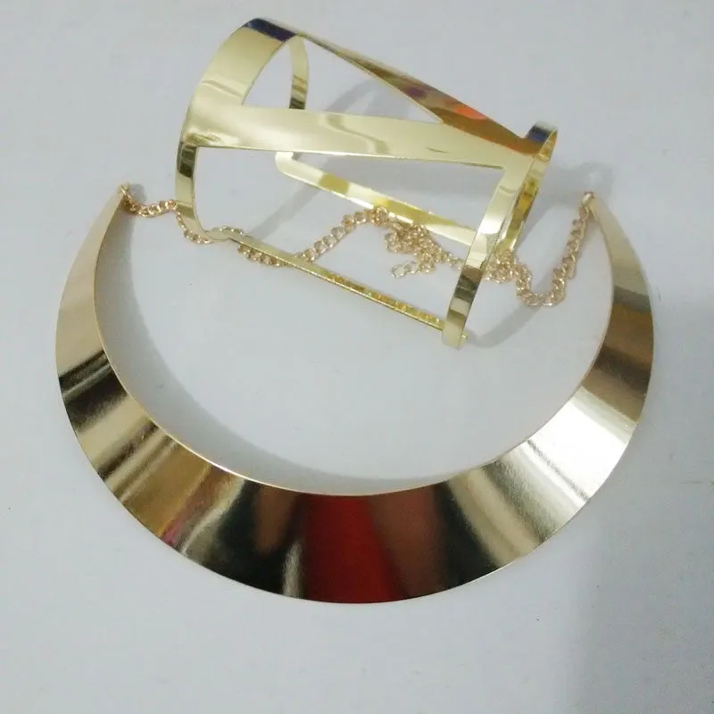 Trendy Gold Plated Torques Opened Cuff Bracelet Bangles Necklace Sets Women Party Statement Jewelry Set