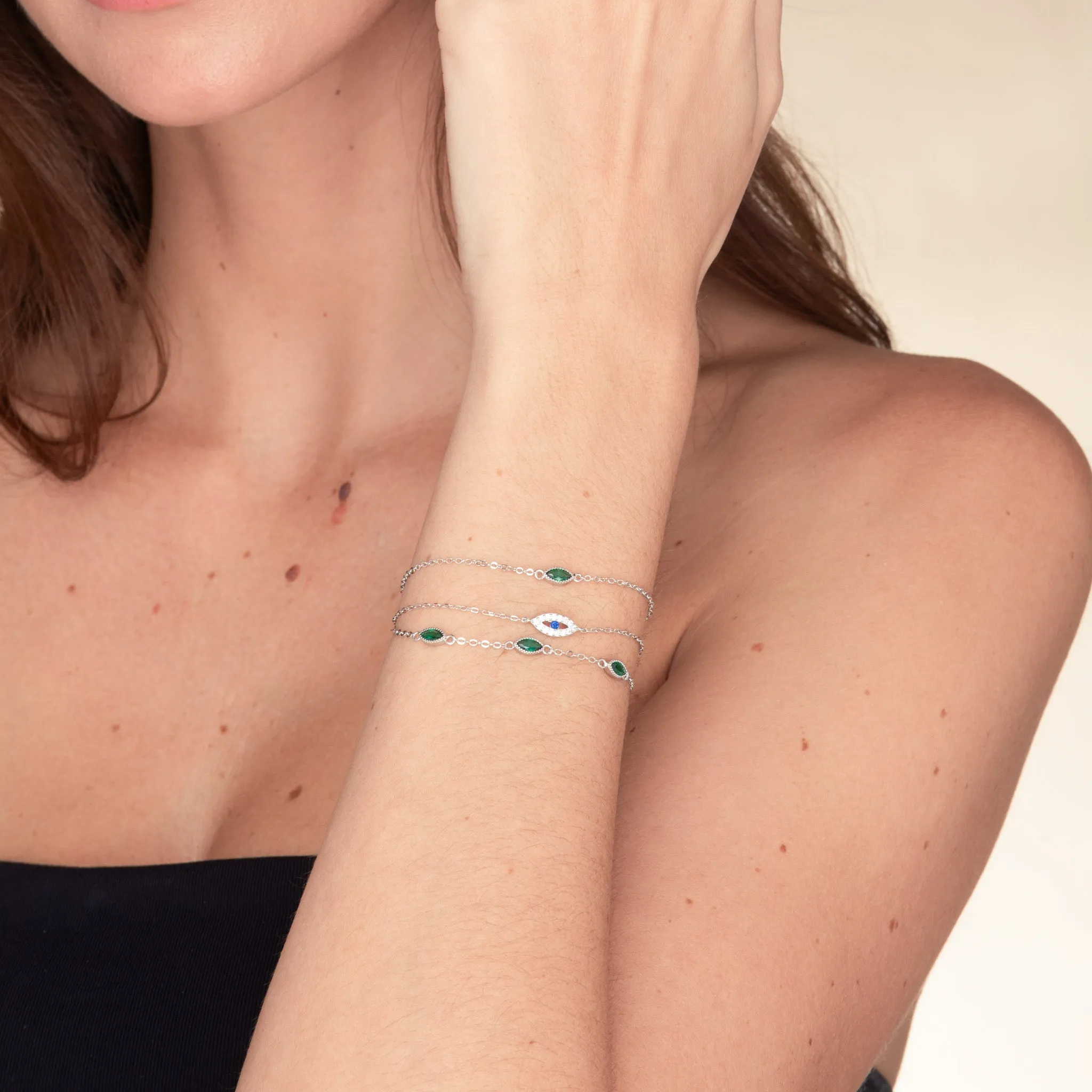 Trio Emerald Evil Eve Marquise Chain Bracelet