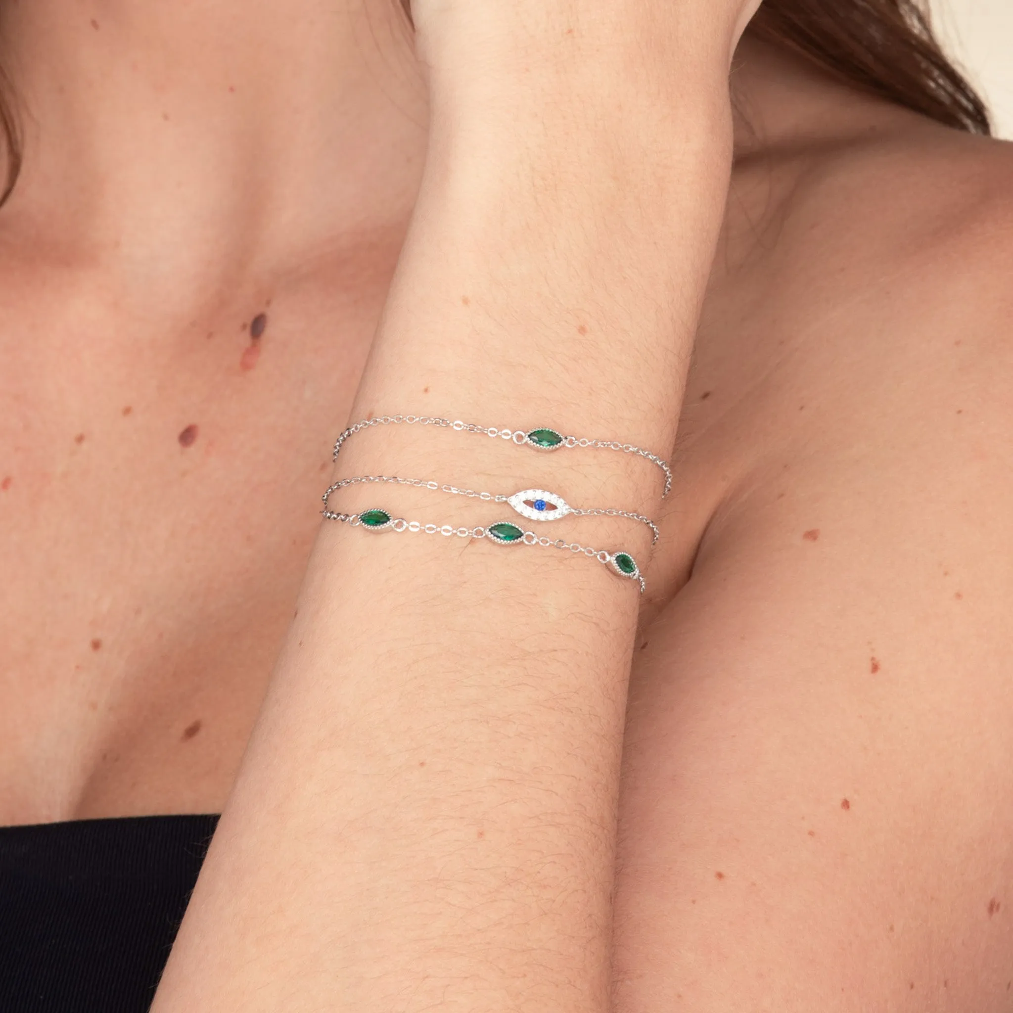 Trio Emerald Evil Eve Marquise Chain Bracelet