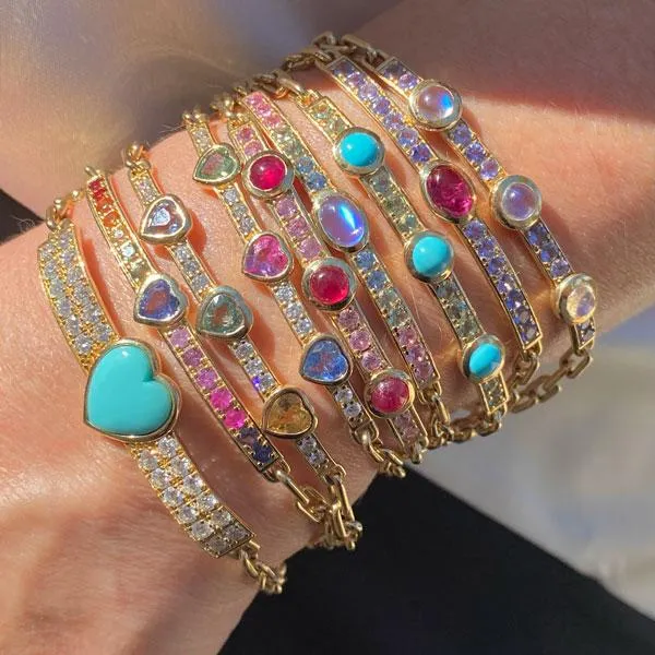 Triple Heart w/ Diamond Gem ID Bracelet - Green, Pink, Blue
