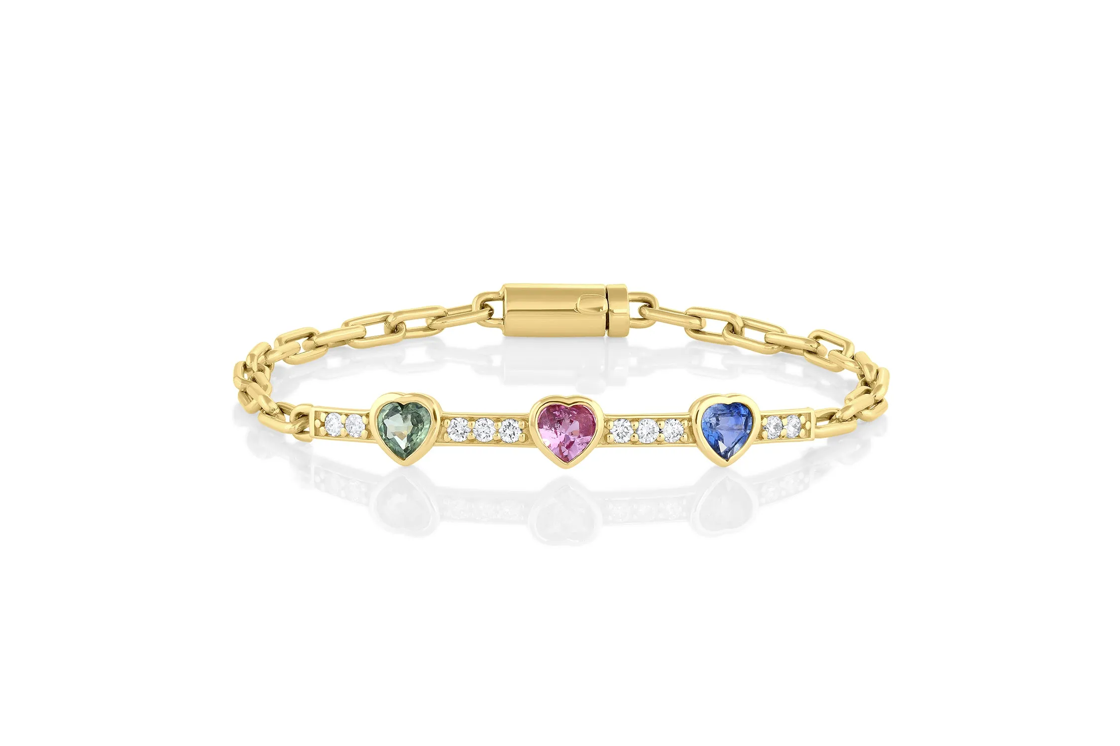 Triple Heart w/ Diamond Gem ID Bracelet - Green, Pink, Blue