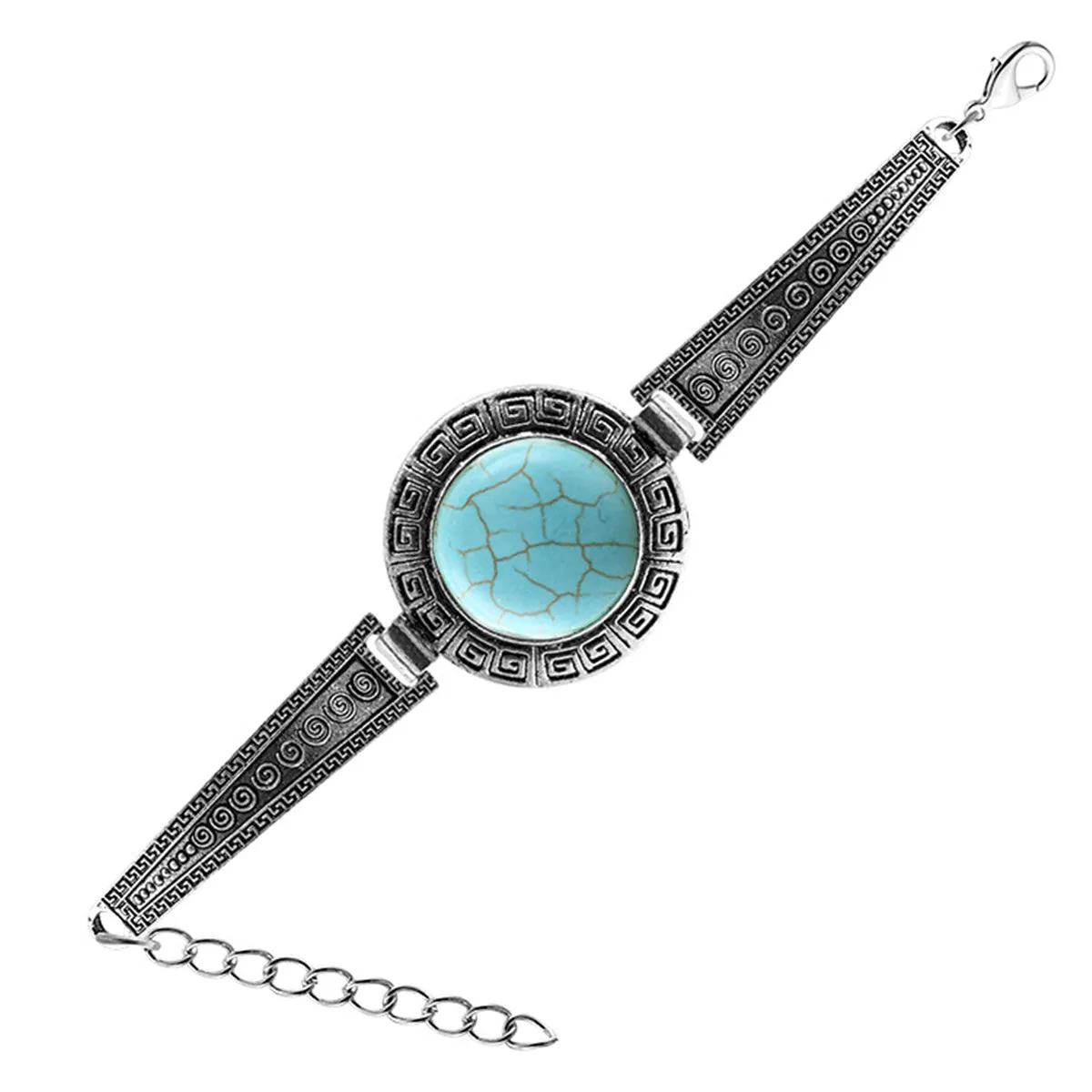Turquoise & Silver-Plated Round Shield Charm Bracelet