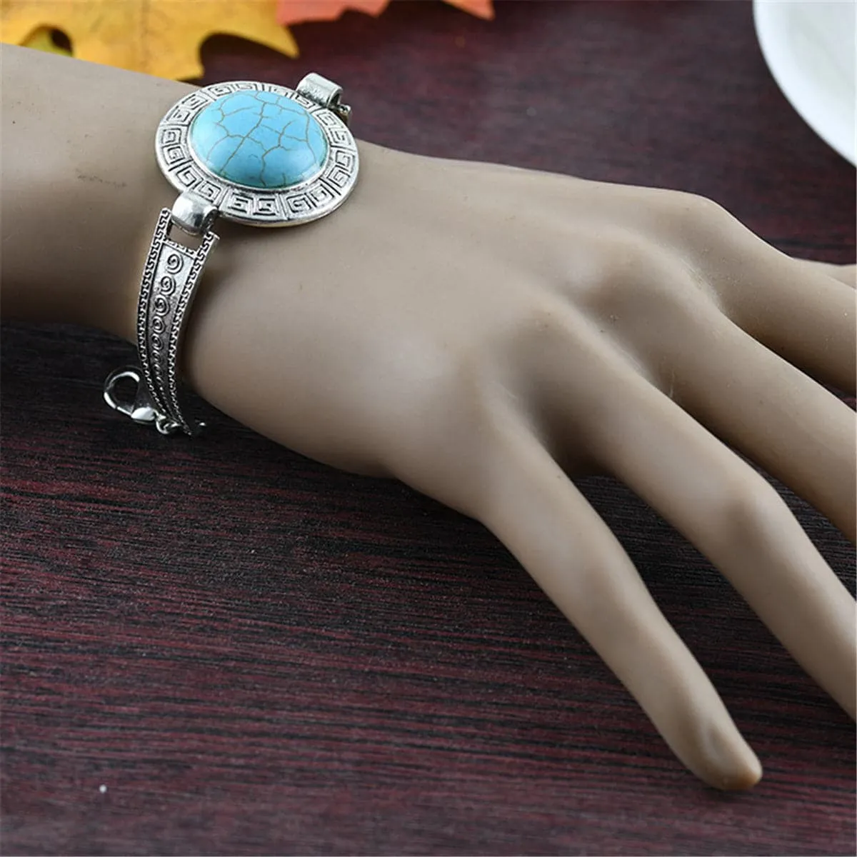 Turquoise & Silver-Plated Round Shield Charm Bracelet