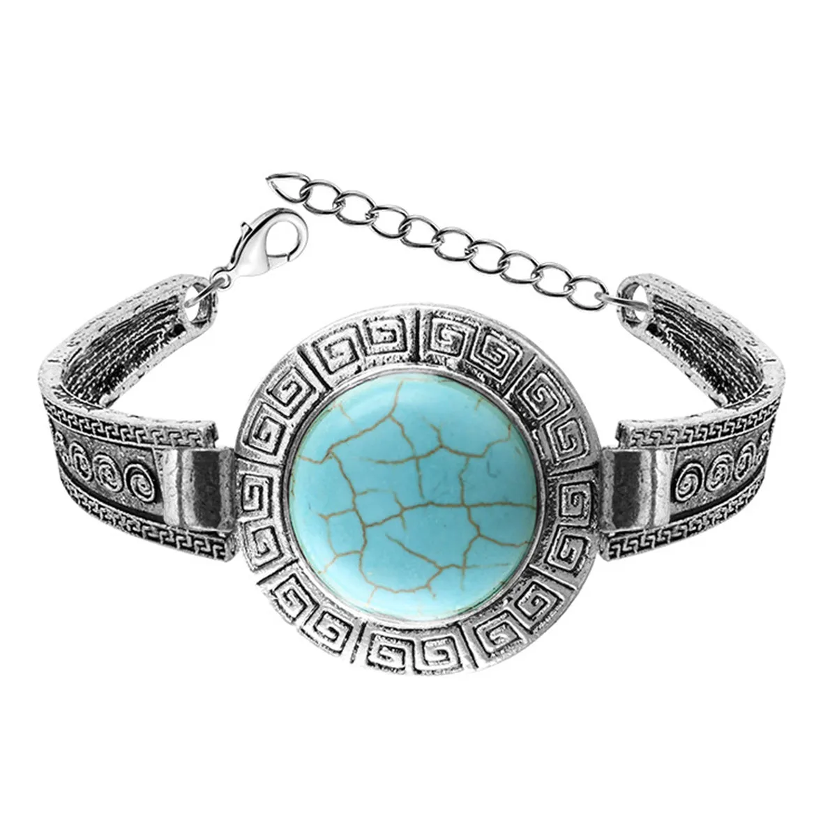 Turquoise & Silver-Plated Round Shield Charm Bracelet