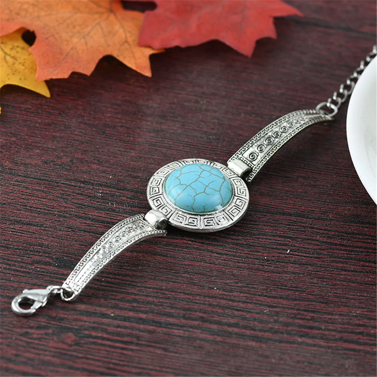 Turquoise & Silver-Plated Round Shield Charm Bracelet