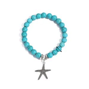 Turquoise & Silver-Plated Starfish Beaded Stretch Bracelet