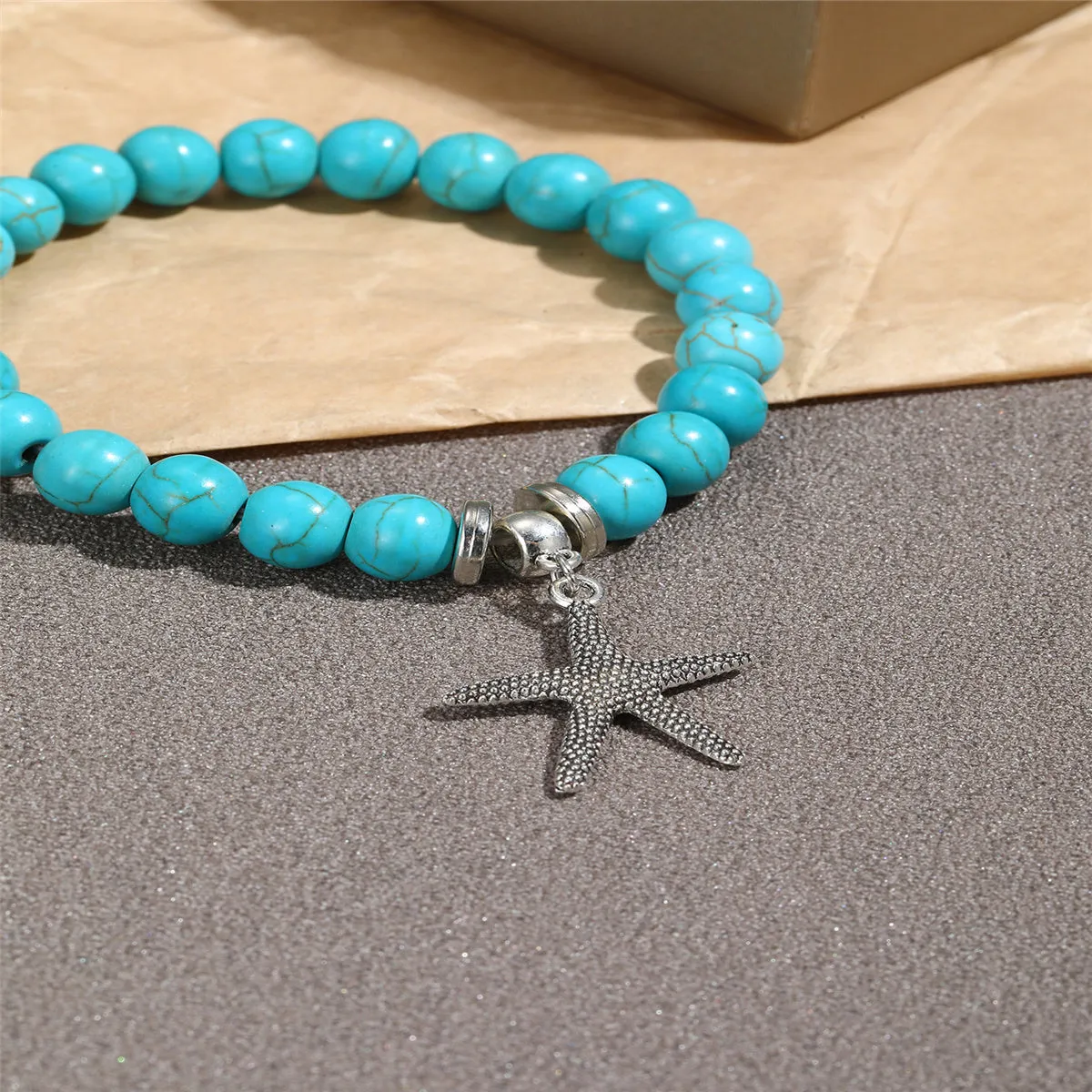 Turquoise & Silver-Plated Starfish Beaded Stretch Bracelet