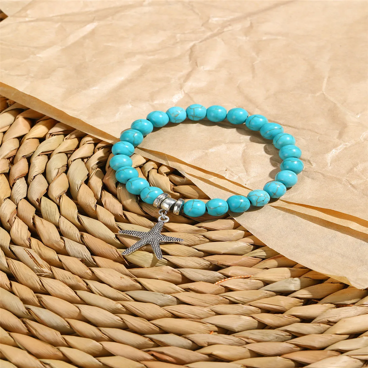 Turquoise & Silver-Plated Starfish Beaded Stretch Bracelet