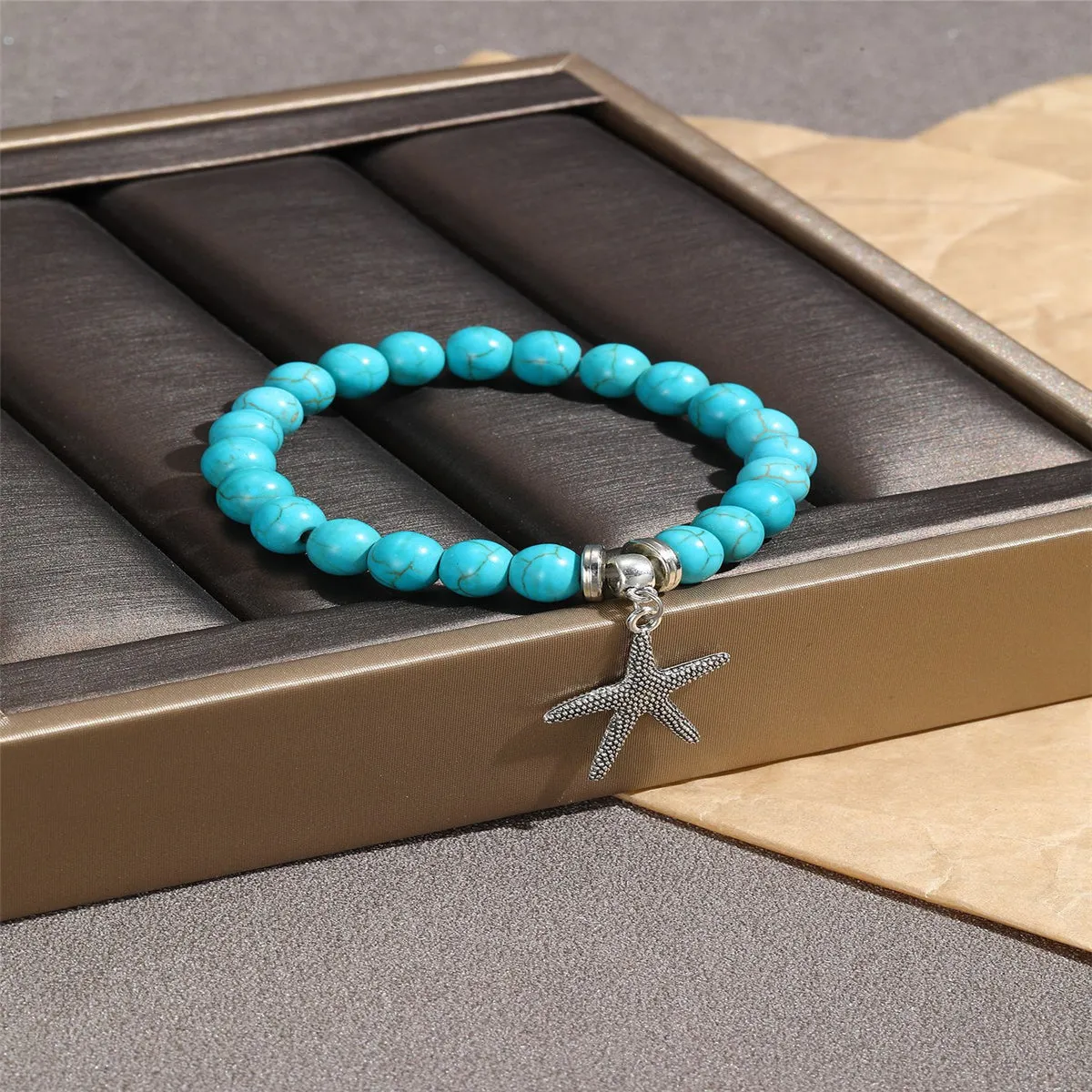 Turquoise & Silver-Plated Starfish Beaded Stretch Bracelet