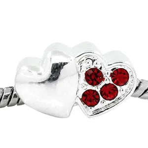 Two Sided Hearts with Red  Rhinestone European Bead Compatible for Most European Snake Chain Bracelet