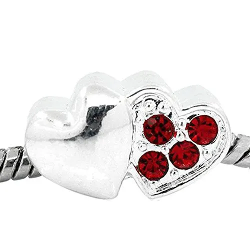Two Sided Hearts with Red  Rhinestone European Bead Compatible for Most European Snake Chain Bracelet