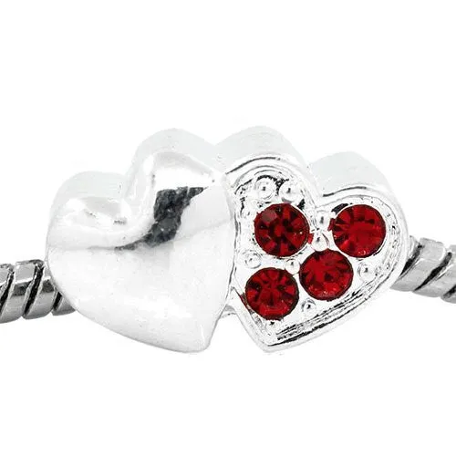 Two Sided Hearts with Red  Rhinestone European Bead Compatible for Most European Snake Chain Bracelet
