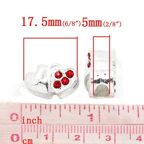 Two Sided Hearts with Red  Rhinestone European Bead Compatible for Most European Snake Chain Bracelet
