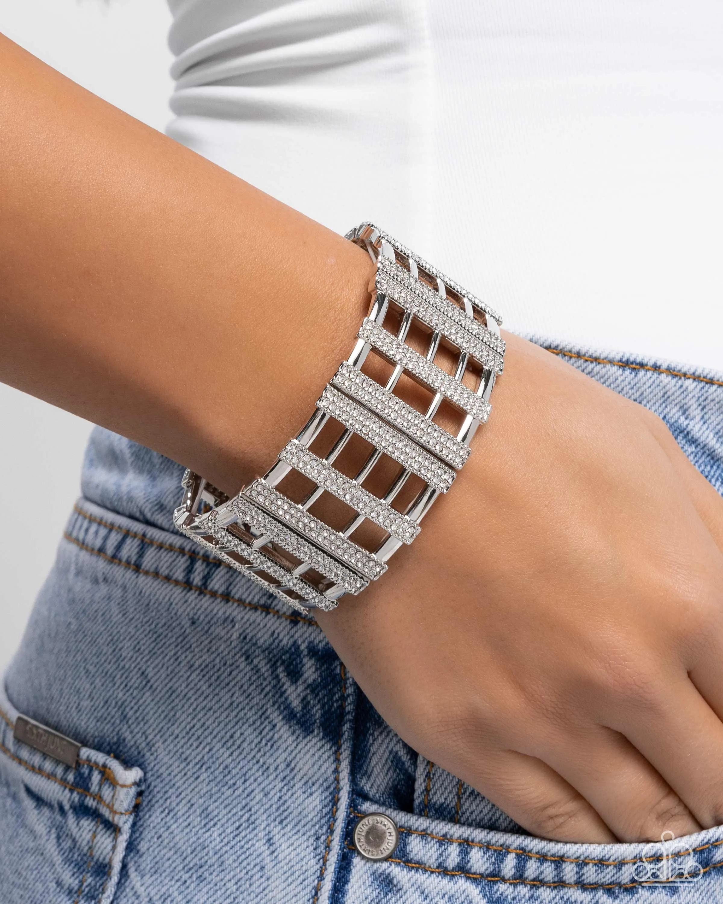 Vertical Vanity - White - Rhinestone Silver Bar Paparazzi Stretchy Bracelet