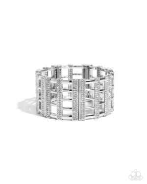 Vertical Vanity - White - Rhinestone Silver Bar Paparazzi Stretchy Bracelet