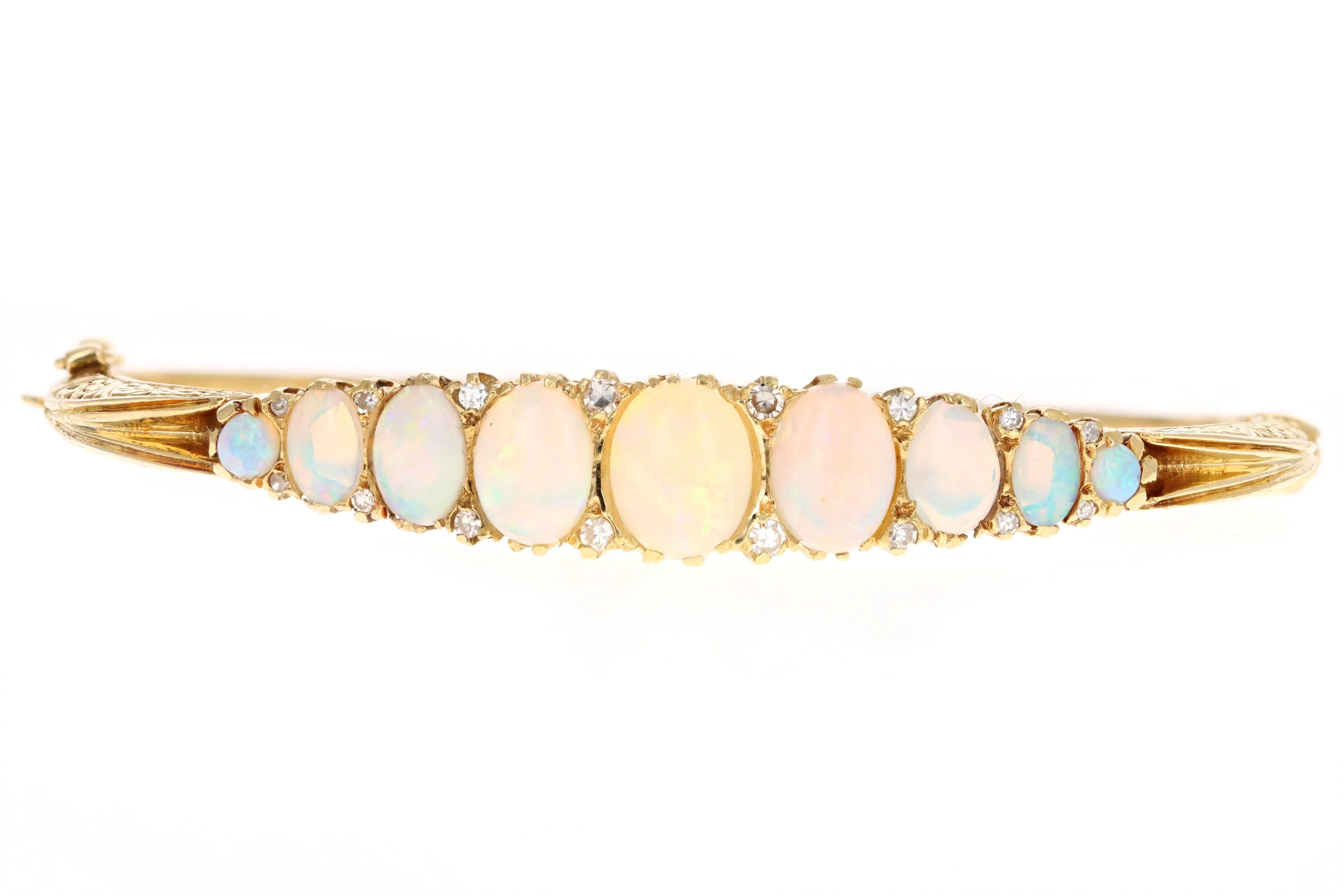Victorian Inspired 18K Yellow Gold Natural Opal & Diamond Bangle