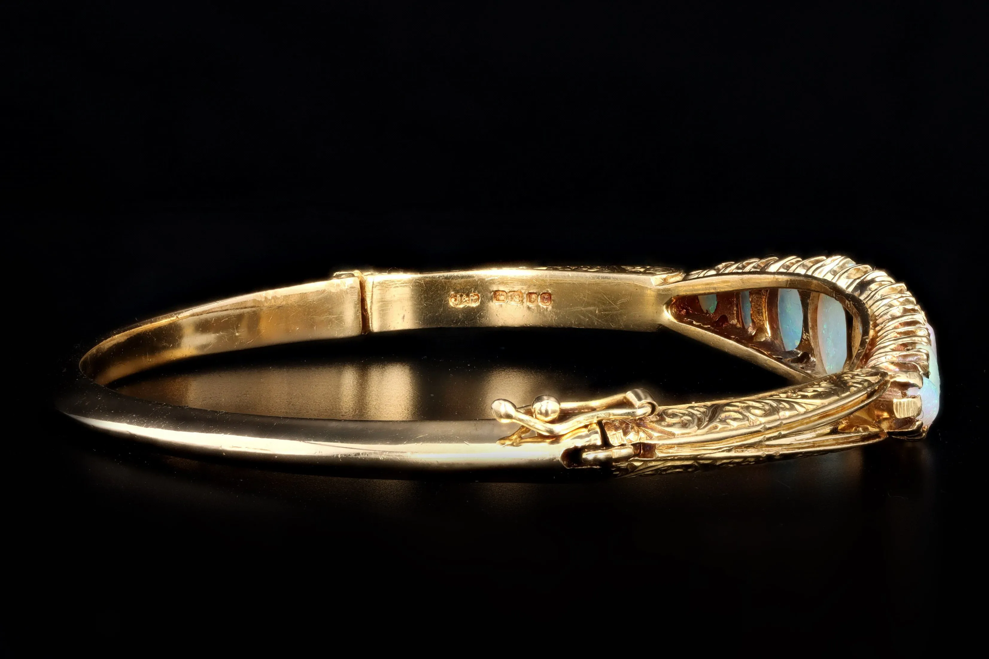 Victorian Inspired 18K Yellow Gold Natural Opal & Diamond Bangle